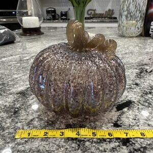 Hand Blown Glass Pumpkin Purple See Through W/ Gold Flecks White Base 7.5" W 6"H
